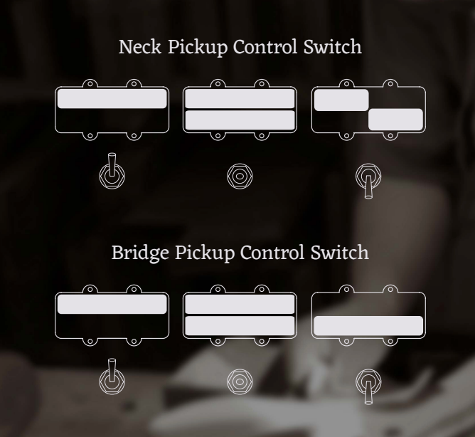 Pickup control switch positions for the neck and bridge pickups